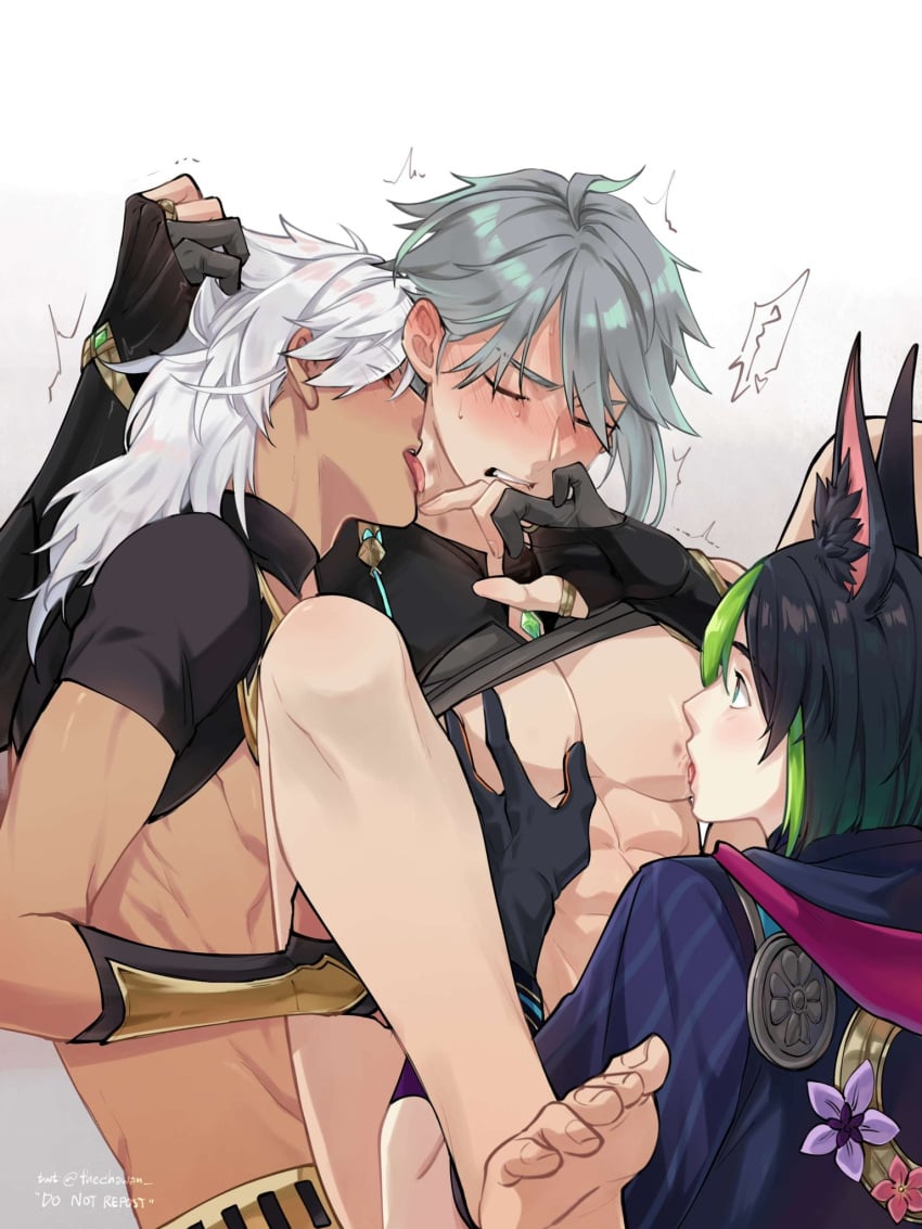 3boys alhaitham_(genshin_impact) bite_mark cut_off cyno_(genshin_impact) cytham gay genshin_impact hair_pulling hickeys male_only neck_licking nipple_sucking thechawan_ threesome tighnari_(genshin_impact) yaoi