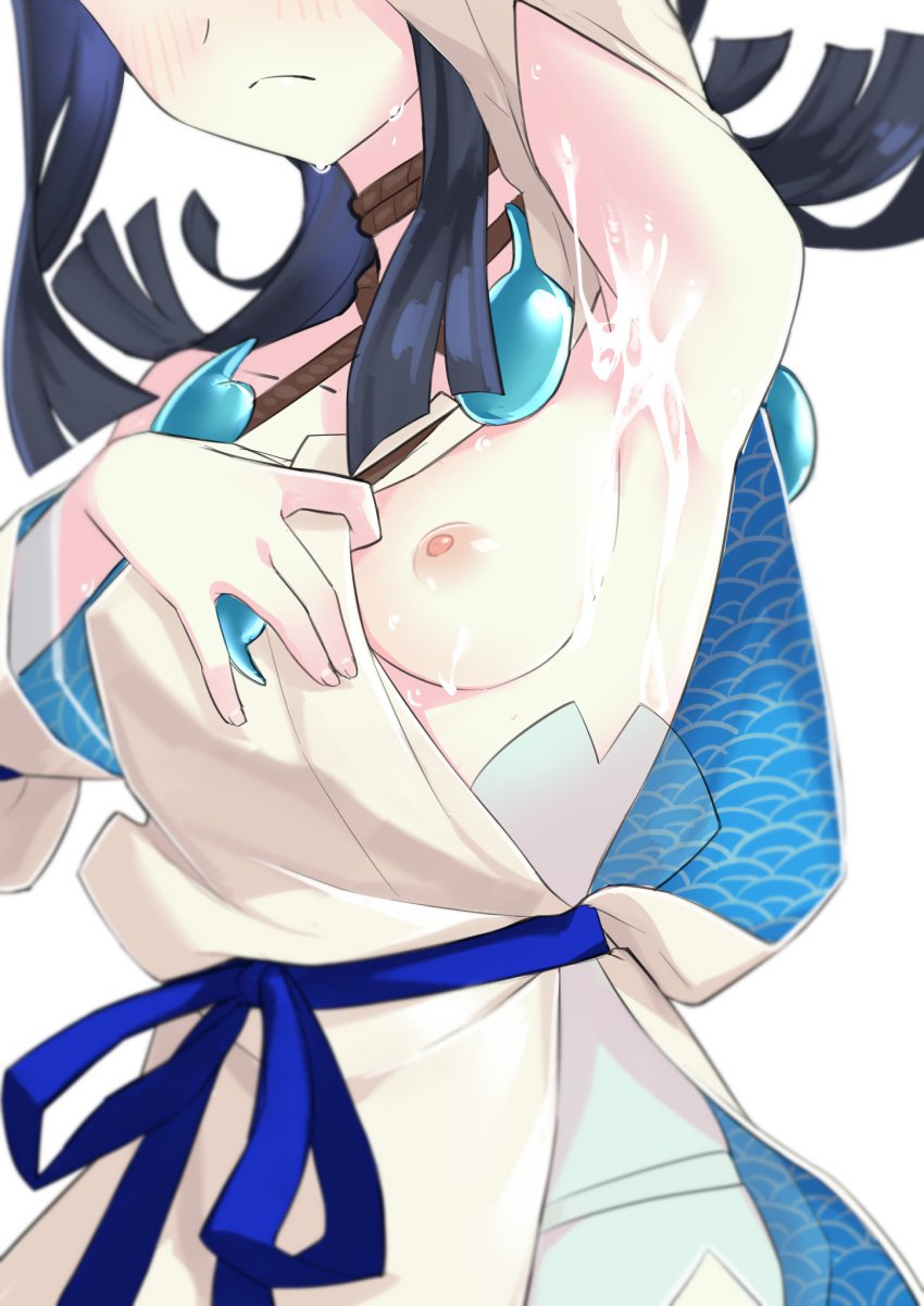 armpits blue_hair blue_ribbon breasts choker cum cum_on_armpits cum_on_body cum_on_breasts dark_blue_hair fate/grand_order fate_(series) hands_up head_out_of_frame highres medium_breasts morisobo nipples ribbon shirt utsumi_erice white_shirt