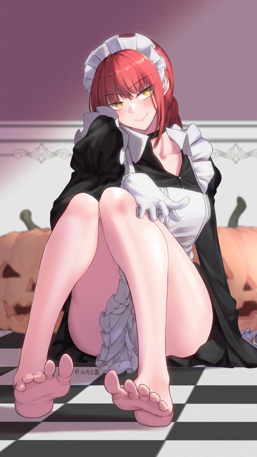 1girls absurd_res apron braided_hair breasts chainsaw_man choker collared_dress dress eyelashes eyeliner feet female female_focus female_only frills gloves halloween hi_res lipstick long_hair maid maid_headdress maid_uniform makeup makima_(chainsaw_man) red_hair sitting solo thick_thighs thighs toes yamauticomy yellow_eyes