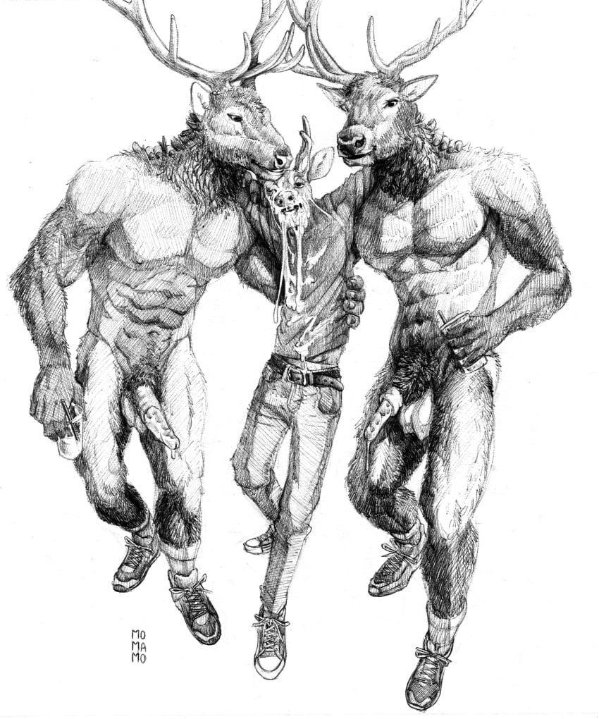 2022 abs absurd_res after_sex alcohol alcoholic_drink animal_genitalia animal_penis anthro antlers arm_over_shoulder balls belt beverage biceps bodily_fluids bottomwear carrying carrying_another cervid cervine clothed clothing cum cum_drip cum_drunk cum_in_mouth cum_inside cum_on_clothing dripping elk footwear gay genital_fluids genitals group half-erect helping hi_res horn male male/male male_only mammal momamo muscular muscular_anthro muscular_male nipples nude open_mouth pants pecs penis shirt shoes simple_background smile socks topwear traditional_media_(artwork) trio yaoi