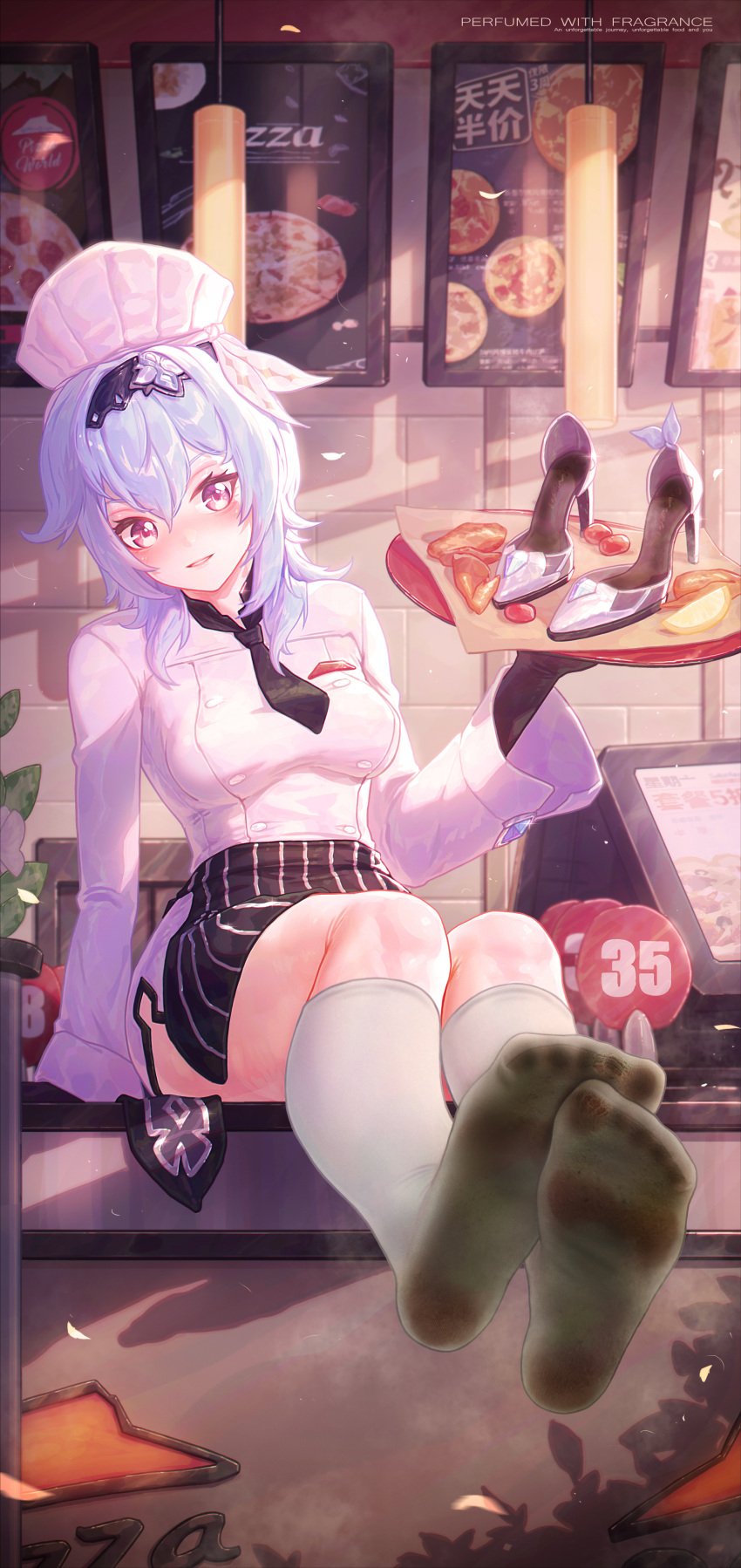 1girls 2d_(artwork) alternate_version_available blue_hair blushing blushing_at_viewer clothed clothing digital_media_(artwork) dirty_socks eula_(genshin_impact) eula_(pizza_hut)_(genshin_impact) food foot_fetish foot_focus genshin_impact high_heels high_heels_removed highres icecake kneehigh_socks kneehighs kneesocks light-skinned_female light_skin looking_at_viewer pizza pizza_hut serving_tray smelly_feet smelly_socks smiling smiling_at_viewer socks solo solo_female solo_focus stinky_feet stinky_socks sweaty_feet sweaty_socks thick_thighs