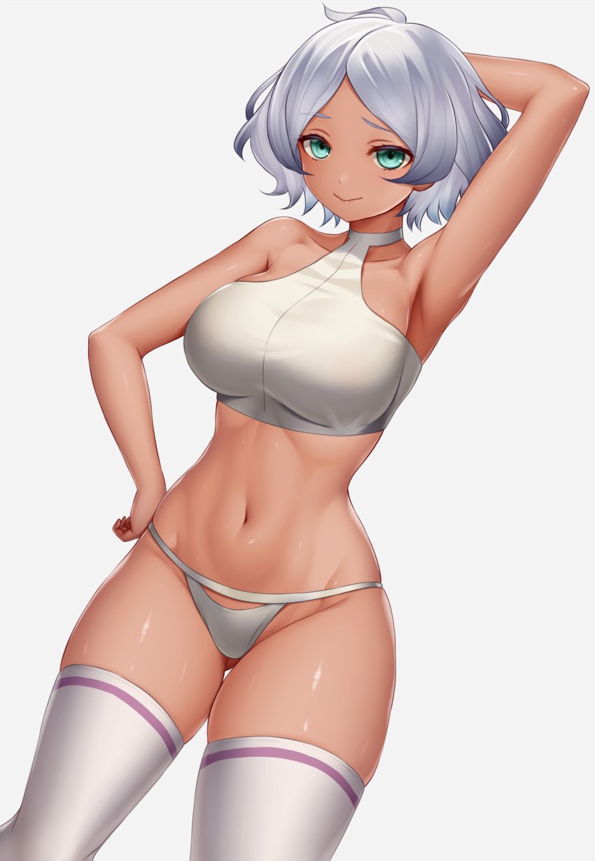 aqua_eyes arm_behind_head arm_up armpits asamura_hiori breasts cleavage collarbone cowboy_shot dark_skin female green_eyes gundam gundam_suisei_no_majo hand_on_hip highres large_breasts looking_at_viewer navel secelia_dote shiny shiny_skin short_hair simple_background smile solo standing tan thighhighs thighs white_hair