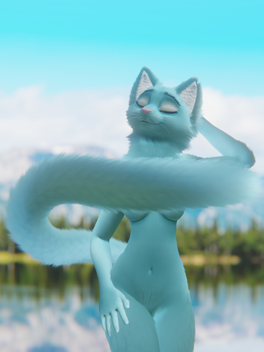 anthro bananastheleech blue_body blue_fur breasts eyeshadow felid female fur hands_behind_head hi_res kraft_trio lake legs_together makeup mammal navel notched_ear one_eye_closed pink_nose pose posing_for_picture raised_arm raised_tail sky solo teasing under_boob whiskers