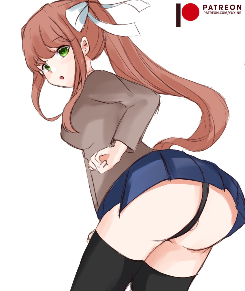 1girls :0 black_legwear black_panties black_socks black_thighhighs blue_skirt bow brown_hair doki_doki_literature_club female green_eyes legwear monika_(doki_doki_literature_club) open_mouth panties ponytail school_uniform skirt socks solo standing thigh_socks thighhighs uniform white_background white_bow yuxine