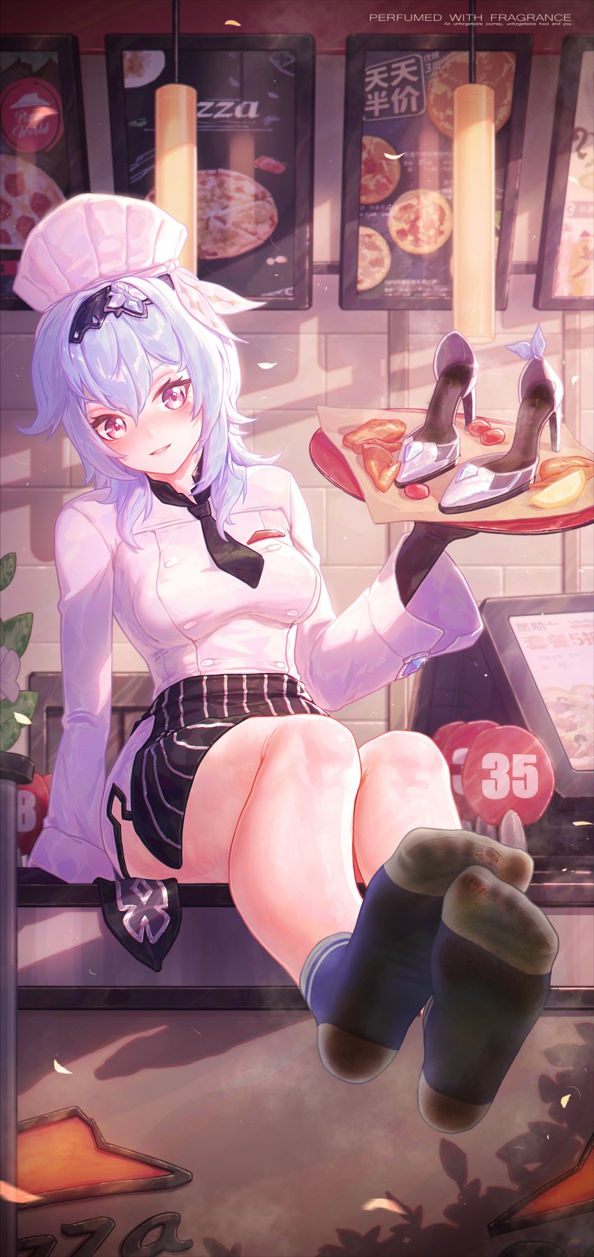 1girls 2d_(artwork) alternate_version_available ankle_socks anklehighs blue_hair blue_socks blushing blushing_at_viewer clothed clothing digital_media_(artwork) dirty_socks eula_(genshin_impact) eula_(pizza_hut)_(genshin_impact) female_only food foot_fetish foot_focus genshin_impact high_heels high_heels_removed highres icecake light-skinned_female light_skin looking_at_viewer pizza pizza_hut serving_tray shoes_removed smelly_feet smelly_shoes smelly_socks smiling smiling_at_viewer socks solo solo_female solo_focus stinky_feet stinky_socks sweatprint sweaty_feet sweaty_socks thick_thighs