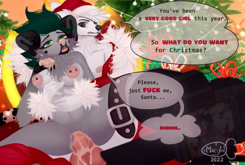 ahe_gao anthro big_penis bodily_fluids breasts brown_eyes bulge camera camera_view canid canine canis chair christmas christmas_clothing christmas_headwear christmas_lights christmas_tree clothing comic costume cum cum_in_pussy cum_inside cum_while_penetrated dialogue domestic_dog dominant dominant_male duo ejaculation female from_behind_position fucked_silly fur furniture genital_fluids genitals green_eyes green_hair grey_body grey_fur hair hat headgear headwear holidays hyaenid liquid looking_pleasured macyw male male/female mammal new_year nipple_fetish nipple_piercing nipples nude on_chair open_mouth penetration penile penile_penetration penis penis_in_pussy penis_size_difference photo photo_shoot piercing pink_nose plant public public_nudity public_sex public_use santa_costume santa_hat santa_suit sex sitting sitting_on_chair sitting_on_penis tree vaginal_penetration white_body white_fur wishes wolf