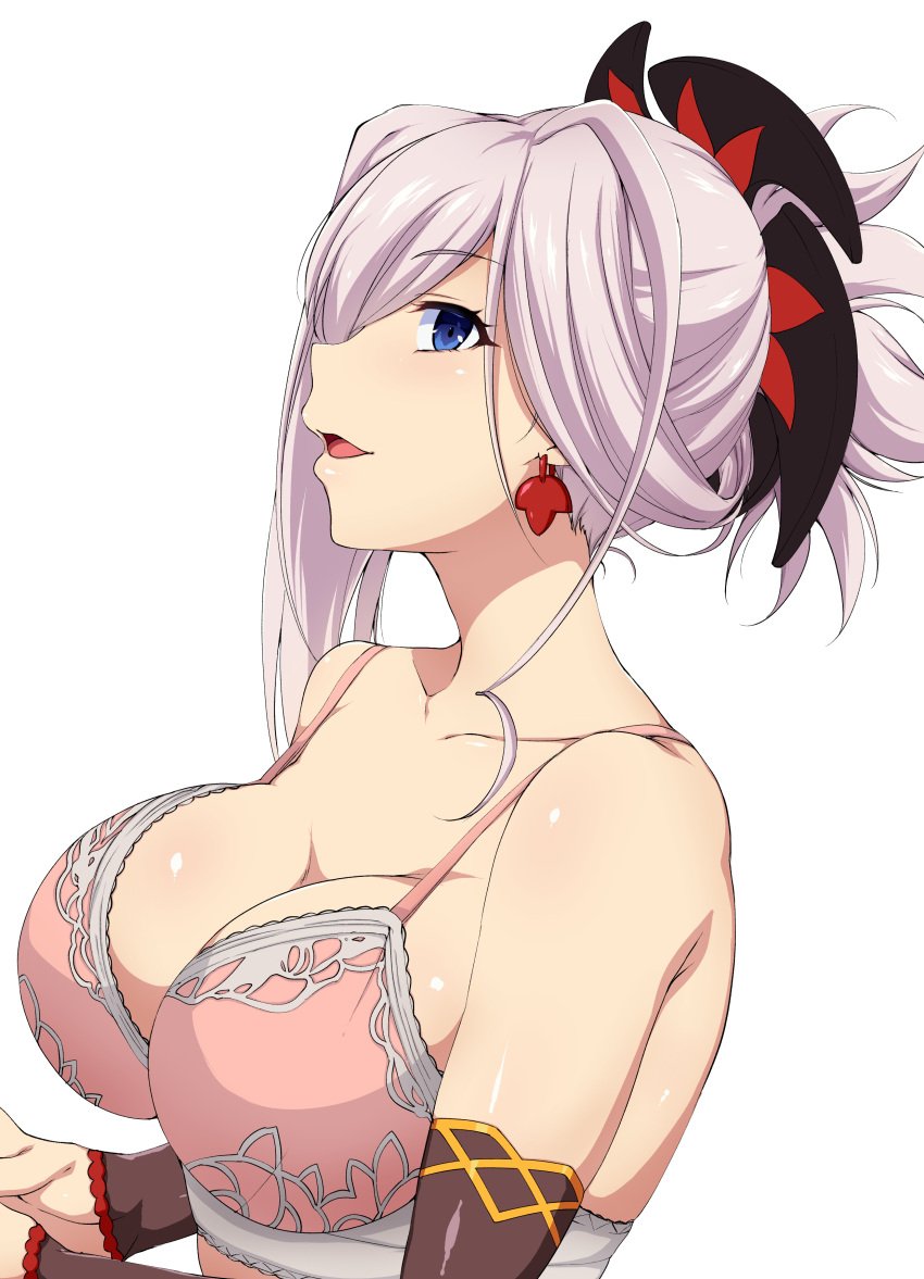 1girls asymmetrical_hair bare_shoulders blue_eyes blush bra breasts cleavage earrings eyebrows_visible_through_hair fate/grand_order fate_(series) female female_only from_side hair_between_eyes hair_ornament large_breasts light-skinned_female light_skin long_hair looking_at_viewer miyamoto_musashi_(fate) mokichi_(nvzy3n) open_mouth pink_bikini pink_hair ponytail shiny simple_background smile solo tongue underwear upper_body white_background