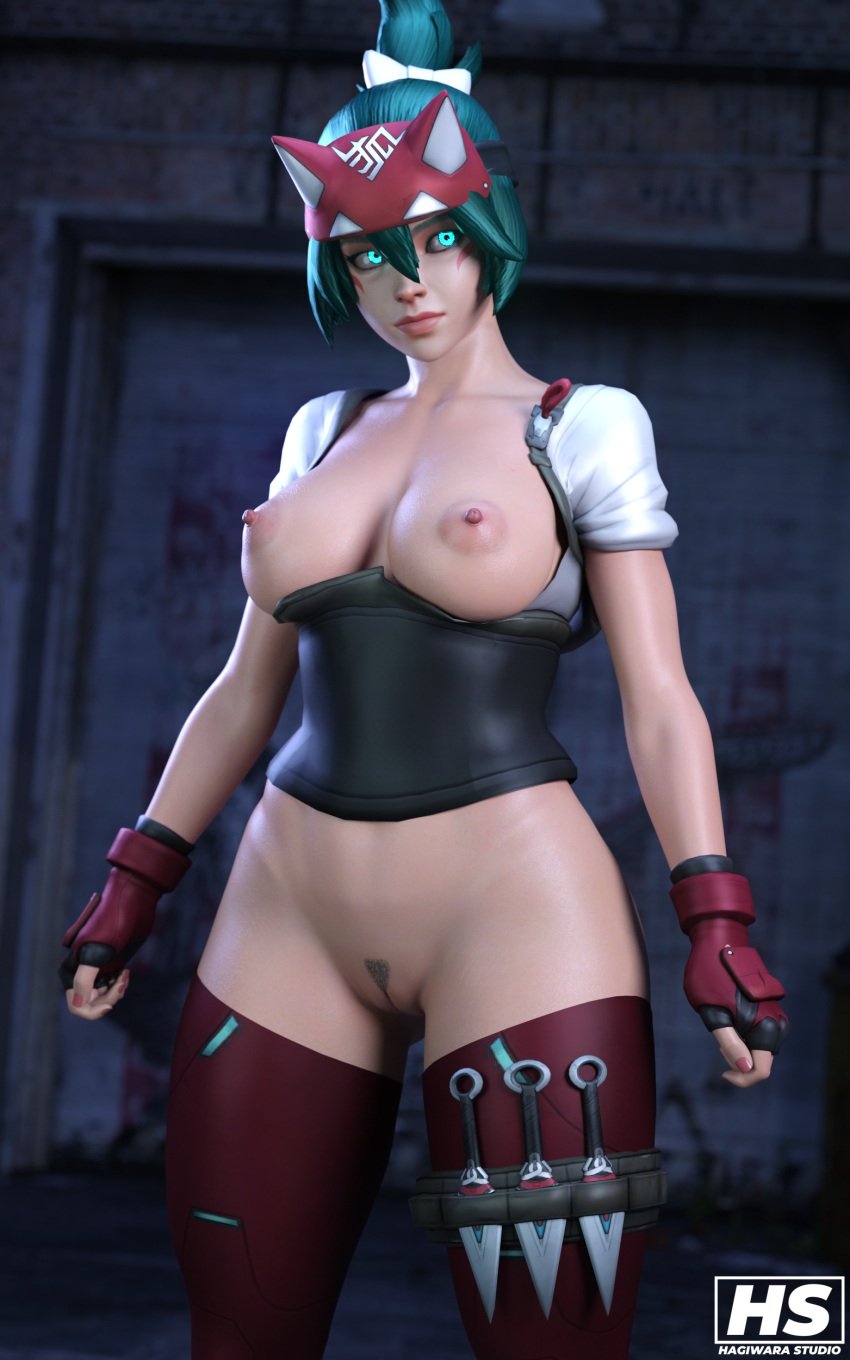 1girls 3d boobs breasts casual_exposure doesn't_care exposed_breasts exposed_pussy female functionally_nude glowing_eyes green_hair hagiwara_studio kiriko_(overwatch) kunai leg_sleeves nipples overwatch overwatch_2 pubic_hair pussy thighs trimmed_pubic_hair wide_hips