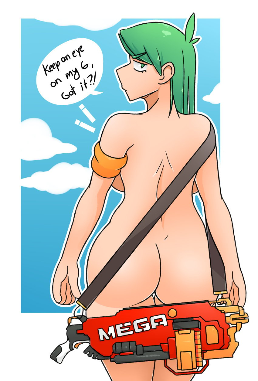 1girls armband big_ass curvy female green_hair humans_vs_zombies hvz large_ass large_breasts lexissketches mostly_nude mostly_nude_female nerf nerf_mega_mastodon tall_girl