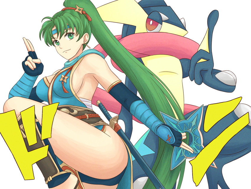 1girls alternate_costume blue_headband blue_panties breasts company_connection crossover female fire_emblem fire_emblem:_the_blazing_blade fire_emblem_heroes green_eyes green_hair greninja headband high_ponytail highres holding holding_shuriken holding_weapon kuji-in legs long_hair lyn_(fire_emblem) lyn_(ninja)_(fire_emblem) medium_breasts ninja official_alternate_costume panties pantyshot pantyshot_(standing) pokemon pokemon_(species) ponytail red_eyes sheath sheathed shuriken sideboob simple_background sword thighs trait_connection truejekart underwear upskirt very_long_hair weapon webbed_hands white_background