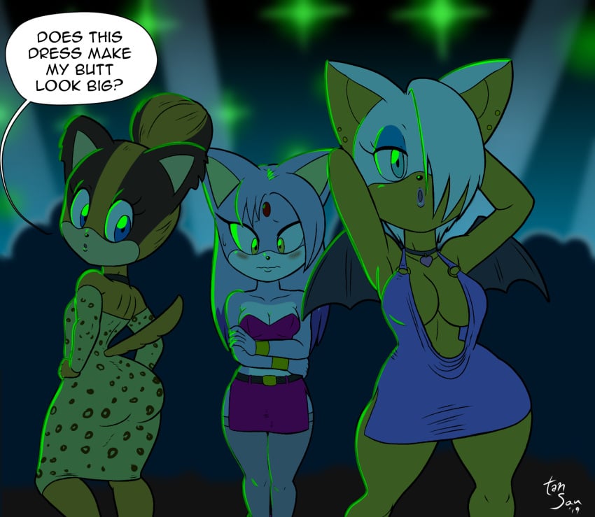 2019 3girls anthro armpits arms_up ass bat big_ass big_breasts blaze_the_cat blue_dress blush breasts cheetah_print chiropteran cleavage clothing dialogue dress ear_piercing embarrassed feline female female_focus female_only flat_chest fur hair_over_one_eye hands_behind_head large_breasts looking_at_viewer medium_breasts nightclub party piercing pose posing public purple_dress rouge_the_bat sega sonic_(series) sonic_the_hedgehog_(series) sticks_the_badger sticks_the_jungle_badger tansau text thick_thighs white_hair wide_hips