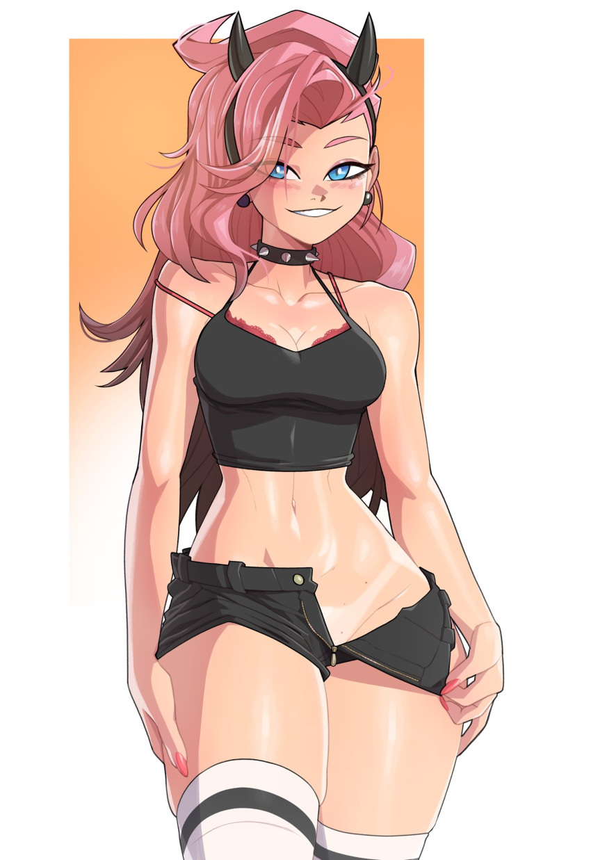 1girls blue_eyes bra_strap_down choker clothed clothing female female_only league_of_legends light-skinned_female light_skin minicop2001 no_panties nopan open_shorts pink_hair riot_games seraphine_(league_of_legends) shoulder_strap solo solo_female