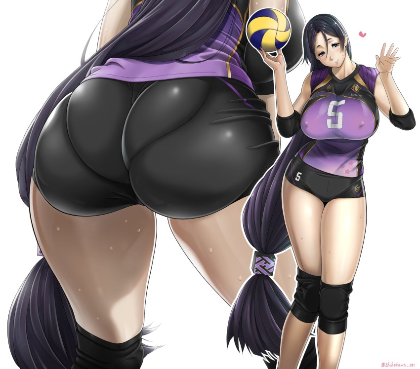 1girls ass ass_focus big_ass big_breasts black_shorts blush booty_shorts bottomwear breasts clothing dat_ass erect_nipples fate/grand_order fate_(series) female female_only hair heart huge_ass huge_breasts large_breasts long_hair mature mature_female mature_woman milf minamoto_no_raikou_(fate/grand_order) mother nipples_visible_through_clothing pantylines purple_eyes purple_hair shibekawa shorts smile solo solo_female sweat sweatdrop thick_thighs thighs topwear volleyball volleyball_uniform