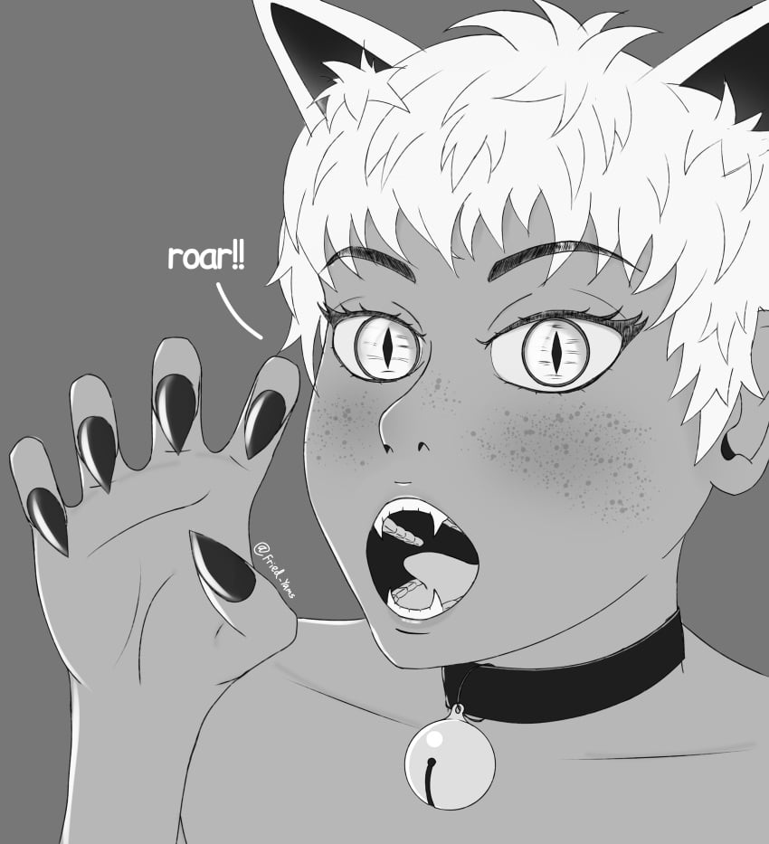 1boy cat_ears cat_eyes catboy choker claws dark_skin fangs feminine_male kemonomimi male_only monochrome mouth_open nekomimi open_mouth sweetpotat0