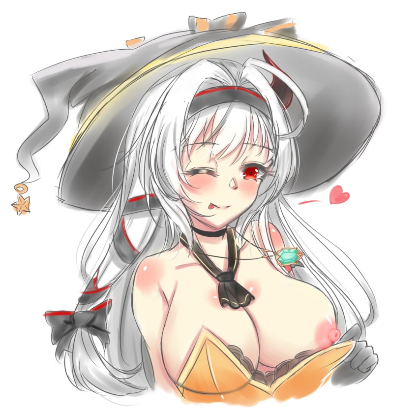 1girls cartoony female female_only guardian_tales half_vampire_priscilla_(guardian_tales) halloween horn june_swallow nipples one_breast_out priscilla_(guardian_tales) red_eyes solo tongue tongue_out white_hair wink witch_hat