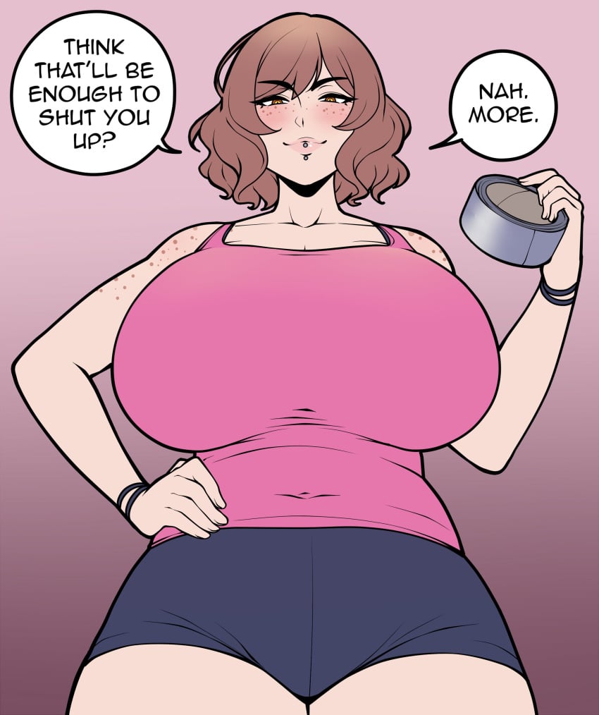 1girls brown_hair duct_tape freckles huge_breasts jam-orbital large_breasts lip_piercing looking_at_viewer looking_down_at_viewer oc original original_character short_shorts speech_bubble text