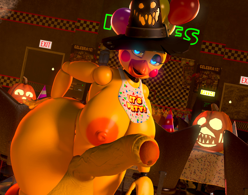 3d 3d_(artwork) animatronic avian balloon beak bib big_breasts big_penis blue_eyes blush breasts chicken exit_sign eyelashes eyeshadow female five_nights_at_freddy's five_nights_at_freddy's_2 futa_only futanari glowing_eyes halloween halloween_costume holidays horny horny_female huge_cock huge_testicles hung_futanari jack-o'-lantern large_ass large_breasts lewdwithlogan looking_at_viewer narrowed_eyes nude nude_female orange_areola orange_beak orange_nipples party_hat posing pumpkin robot robot_girl rosy_cheeks seductive sfm smile solo solo_female solo_focus solo_futa source_filmmaker table toy_chica_(fnaf) witch_hat yellow_body yellow_fur yellow_skin