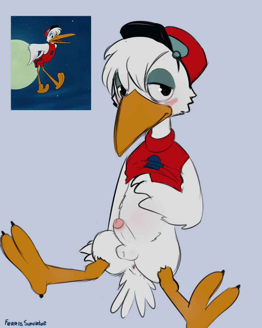 4:5 avian balls bird clothed clothing disney dumbo dumbo_(movie) erection feathers ferrissimulator genitals hi_res humanoid_genitalia humanoid_penis looking_at_viewer male male_only mr._stork partially_clothed penis presenting solo stork tagme white_body white_feathers