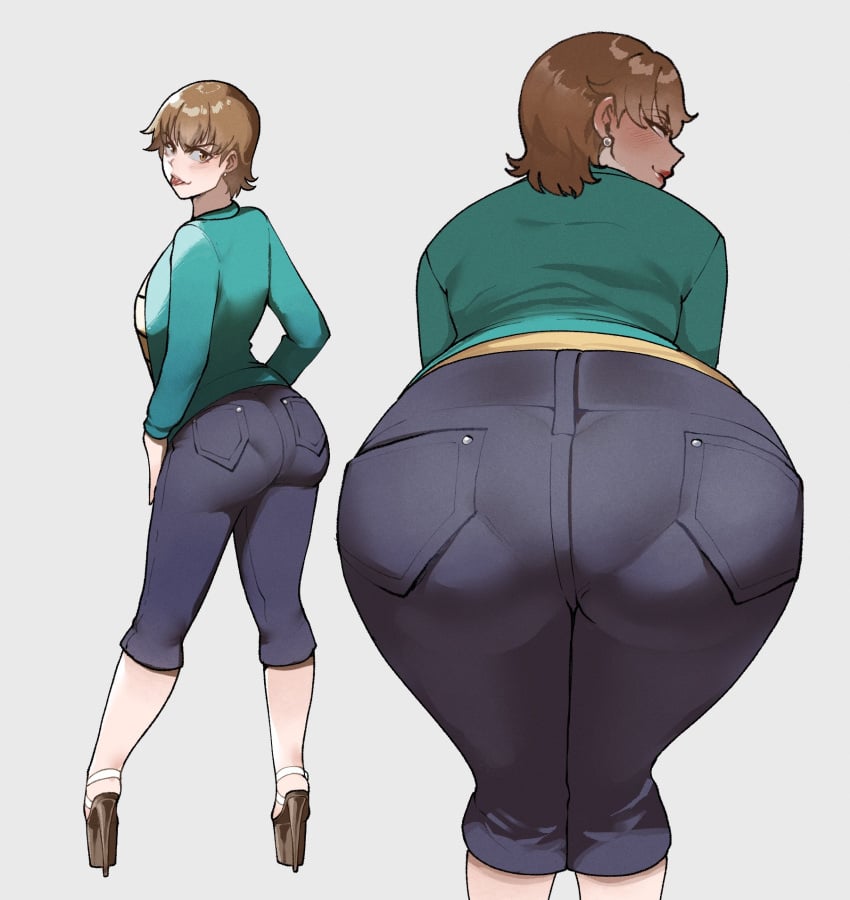 1girls adult adult_female ass ass_focus bent_over blush brown_eyes brown_hair butt butt_focus capri_pants clothed clothed_female clothing ear_piercing earrings fate_(series) female female_only fujimura_taiga fully_clothed heels high_heels human human_female human_only jeans large_ass light-skinned_female light_skin looking_at_viewer matching_hair/eyes milf no_sex realistic_proportions short_hair simple_background solo solo_female standing teasing teasing_viewer thiccwithaq tongue tongue_out wavy_hair white_background young_woman