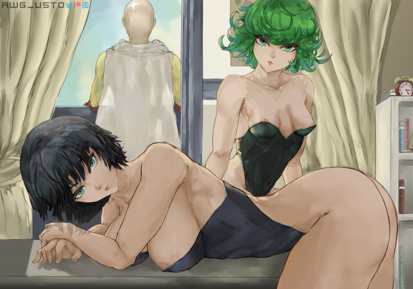 1boy 2girls areola_slip ass awg_usto bedroom big_breasts black_hair bunnysuit cleavage curly_hair esper_sisters fubuki_(one-punch_man) green_eyes green_hair large_breasts looking_at_viewer multiple_girls on_bed on_stomach one-punch_man saitama short_hair small_breasts tatsumaki tight_clothing