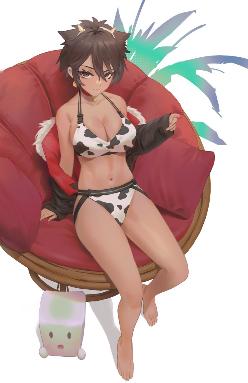 1girls bikini black_jacket brown_eyes brown_hair cirilla_lin cow_horns cow_print cowbell dark-skinned_female digital_media_(artwork) female fur-trimmed_jacket fur_trim highres human looking_at_viewer micchan_(ohisashiburi) off_shoulder pixie_cut sitting solo tomboy very_short_hair