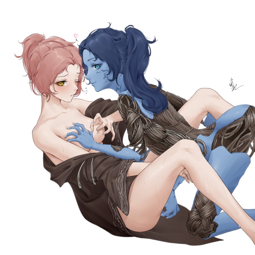 2girls blue_body blue_eyes blue_hair blue_skin breast_grab cloak cloak_only cracked_skin doll doll_joints elden_ring female female_only fingering fromsoftware grabbing grabbing_breasts groping_breasts hair_tie hair_tied heart hsuz1231 imminent_sex long_hair looking_at_viewer lying lying_on_back melina_(elden_ring) messy_hair multi_arm multi_limb multiple_girls one_eye_closed ranni_the_witch sweat sweatdrop tied_hair white_background witch yellow_eyes yuri