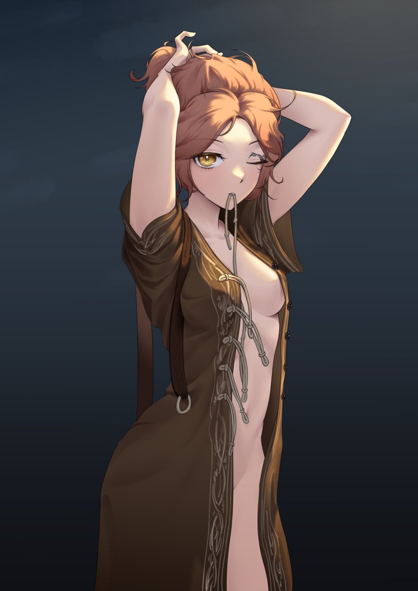 1girls dressing elden_ring female female_only fixing_hair fromsoftware hsuz1231 melina_(elden_ring) open_clothes open_shirt small_breasts