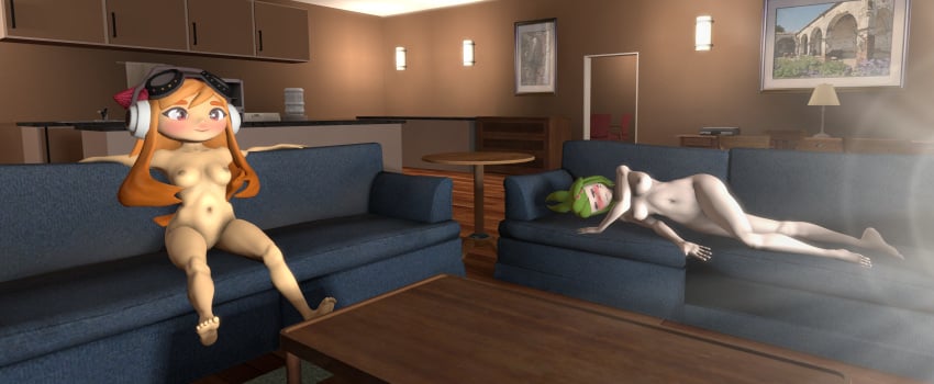 2girls 3d 3d_(artwork) after_party barefoot bing_mario casual casual_nudity completely_nude completely_nude_female female female_only full_body human_meggy meggy_spletzer melony_(smg4) multiple_girls naked naked_female nude nude_female sleeping smg4 tv watching_tv