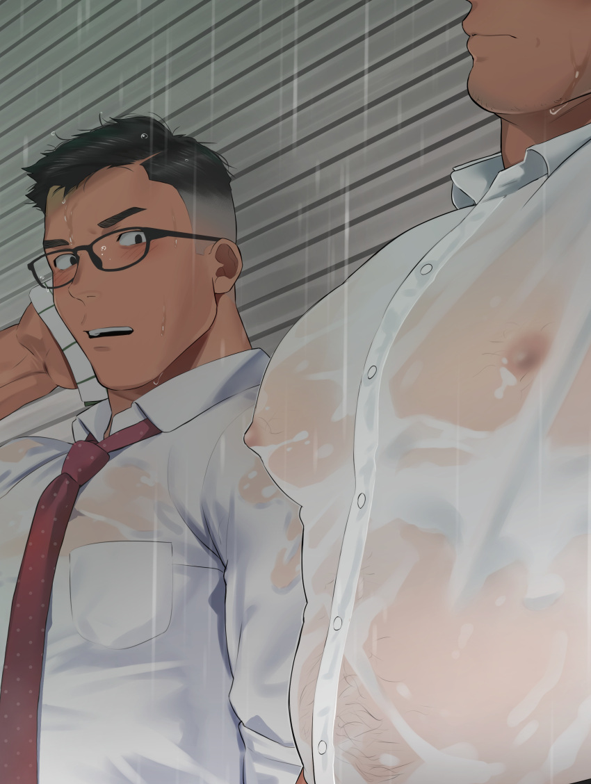 bara black_hair glasses long_sleeves male male/male male_only nipples otototo puffy_nipples red_tie shirt tagme tie wet wet_clothes white_shirt