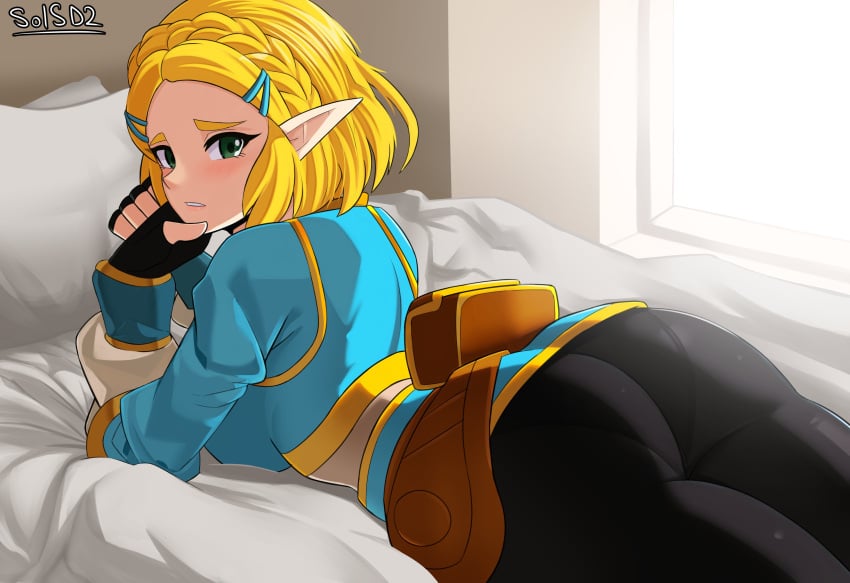 1girls ass blonde_hair breath_of_the_wild butt female female_focus female_only fully_clothed green_eyes lying lying_on_stomach nintendo pants pantylines pointy_ears princess_zelda sol-sama_d2 solo tears_of_the_kingdom the_legend_of_zelda thick_thighs thighs zelda_(tears_of_the_kingdom)