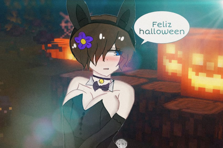 1girls 89 bell_choker big_breasts blue_eyes blush brown_hair bunny_ears bunnysuit doriix flower_in_hair halloween minecraft short_hair solo_female spooky tagme