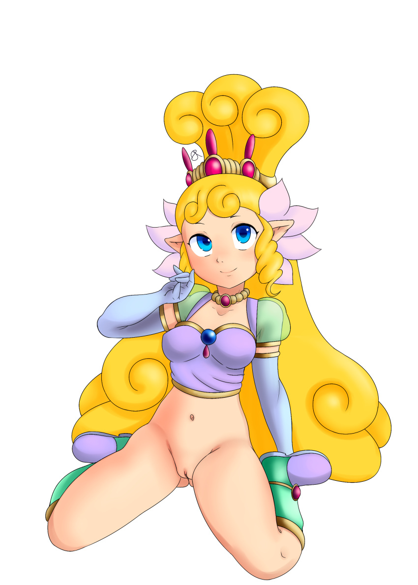 blonde_hair blue_eyes boots bottomless choker clitoris female gloves kneeling medium_breasts nintendo panel_de_pon png pointy_ears pussy rasenxoru sala_(panel_de_pon) shoulder_pads signature smile solo transparent_background very_long_hair