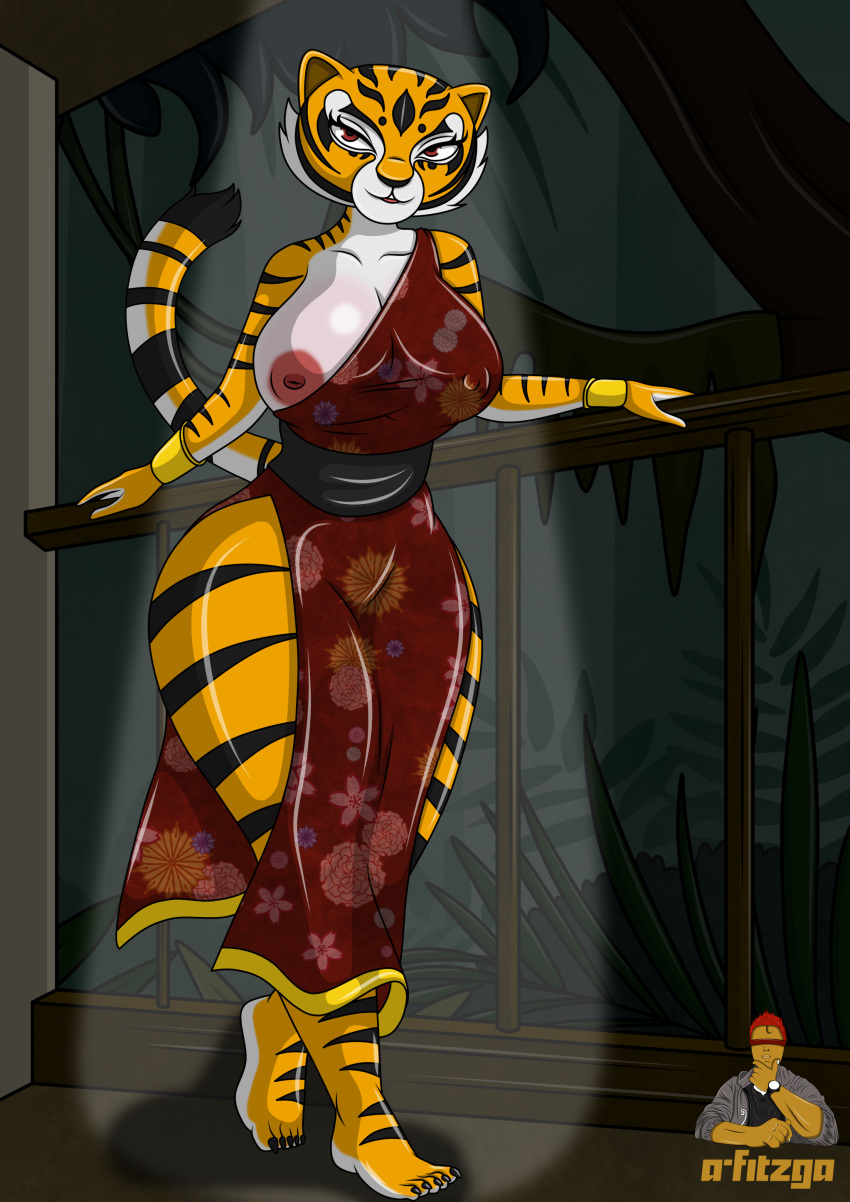 2022 a-fitzga anthro artist_logo artist_name big_breasts breast_out chinese_dress dreamworks dress kung_fu_panda looking_at_viewer master_tigress nipples orange_eyes tiger tiger_ears tiger_girl tiger_tail