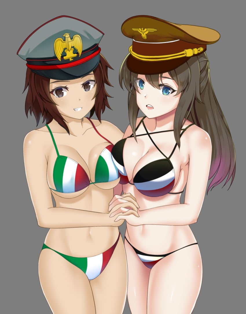 2girls big_breasts bikini bikini_bottom bikini_top blue_eyes breasts brown_eyes brown_hair european flag_bikini front_view german german_empire german_flag germany hand_holding historical history italian italian_empire italian_flag italy looking_at_viewer mediterranean medium_hair military_hat military_uniform national_personification navel world_war_2