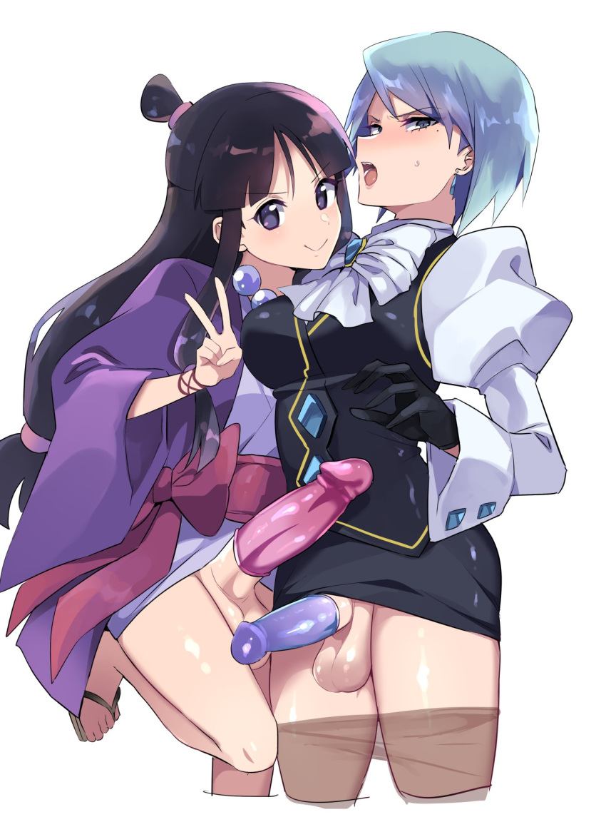 2futas balls big_penis black_hair blue_hair bottomless brown_eyes clothed clothing condom condom_on_penis duo erection futa_only futanari geta geta_sandals grin gyakuten_saiban horny human karuma_mei large_penis light-skinned_futanari light_skin long_hair looking_at_viewer maya_fey mostly_clothed pantyhose peace_sign penis sandals short_hair smile standing yu11ma11 yuuma_(yuma1111)