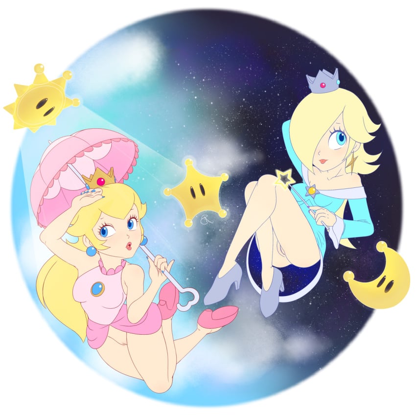 2girls blonde_hair blue_eyes bottomless crown dress eyelashes female_only hair_over_one_eye heels mario_(series) multiple_girls nail_polish nintendo no_panties parasol parted_lips power_moon power_star princess_peach princess_rosalina rasenxoru shine super_mario_galaxy super_mario_odyssey super_mario_sunshine transparent_background umbrella