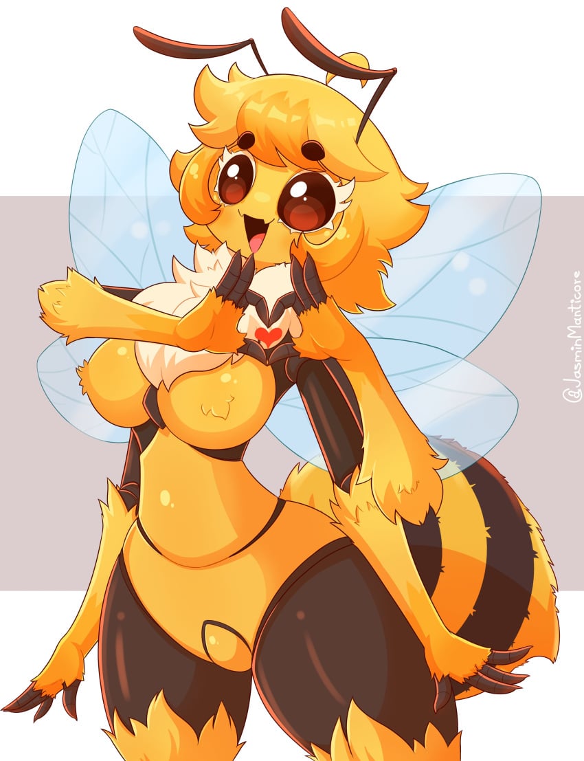 1girls 4_arms abdomen absurd_res ahoge antennae_(anatomy) anthro bee bee_abdomen blonde_hair breasts female female_only fur heart_hands insect_wings insects jasminmanticore jasminthemanticore looking_at_viewer medium_hair smiling smiling_at_viewer solo thick_thighs wings