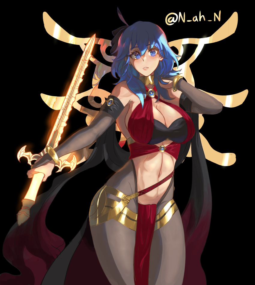 1girls absurdres alternate_costume armlet bangs bare_shoulders blue_eyes blue_hair blush bodystocking bodysuit bra bracelet brand_of_the_defile breasts bridal_gauntlets bridal_legwear byleth_(fire_emblem) byleth_(fire_emblem)_(female) cleavage clothing_cutout collar cosplay crest_of_flames curvy dancer detached_sleeves dorothea_arnault dorothea_arnault_(cosplay) dorothea_arnault_(plegian)_(cosplay) eyes_of_grima feather_hair_ornament feathers female female_only fire_emblem fire_emblem:_three_houses fire_emblem_heroes gold_choker gold_trim hair_between_eyes hair_ornament hand_in_own_hair highres jewelry large_breasts loincloth long_hair looking_at_viewer midriff n_ah_n navel navel_cutout nintendo open_mouth pantyhose plegian revealing_clothes see-through see-through_legwear see-through_sleeves simple_background solo sword_of_the_creator thighs underwear wide_hips