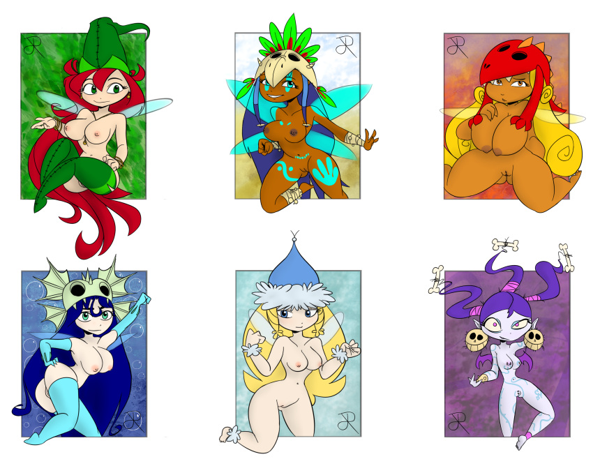 6girls annetta_fish_(rayman) betilla_(rayman) big_head blonde_hair dark-skinned_female edith_up_(rayman) fairy green_hat green_legwear hat helena_handbasket_(rayman) holly_luya_(rayman) kneeling large_breasts long_gloves long_hair multiple_girls nymph_(rayman) purple_hair rasenxoru rayman_(series) rayman_origins red_hair skull_hair_ornament tattoo thighhighs transparent_background very_long_hair voodoo_mama_(rayman) wings