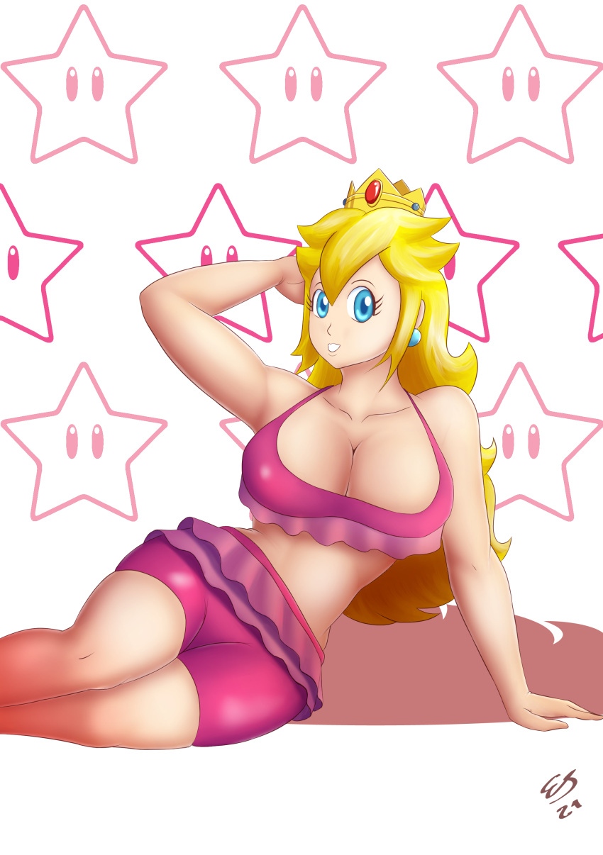 1girls arm_up blonde_hair blue_eyes breasts cleavage clothing crown deviantart digital_media_(artwork) female female_only long_hair looking_at_viewer mario_(series) nintendo pink_swimsuit posing princess princess_peach simple_background solo star templarpt1993