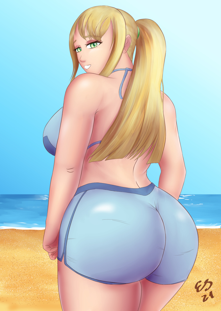 1girls beach big_ass blonde_hair deviantart digital_media_(artwork) huge_ass huge_breasts metroid samus_aran sportswear templarpt1993