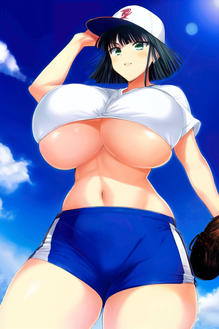 1girls ai_generated alternate_breast_size bangs baseball_cap baseball_glove baseball_uniform belly belly_button big_breasts black_hair blue_sky blush breast_hold breast_squeeze breast_squish breasts breasts_bigger_than_head busty cap clothed clothes clothing curvy curvy_body curvy_female curvy_figure dark_green_hair eye_contact eyelashes female female_focus female_only fringe front_view fubuki_(one-punch_man) green_eyes green_hair highres hips hourglass_figure huge_breasts human human_only legs light-skinned_female light_skin lips lipstick looking_at_viewer medium_hair midriff nai_diffusion navel nipple_bulge one-punch_man open_mouth shiny_skin shirt short_hair shorts sky slim slim_waist smile smiling smiling_at_viewer solo solo_female solo_focus stable_diffusion standing sunny thick thick_legs thick_thighs thighs thin_waist tight_clothing tight_shirt tight_topwear toned_stomach top_heavy underboob voluptuous waist wide_hips