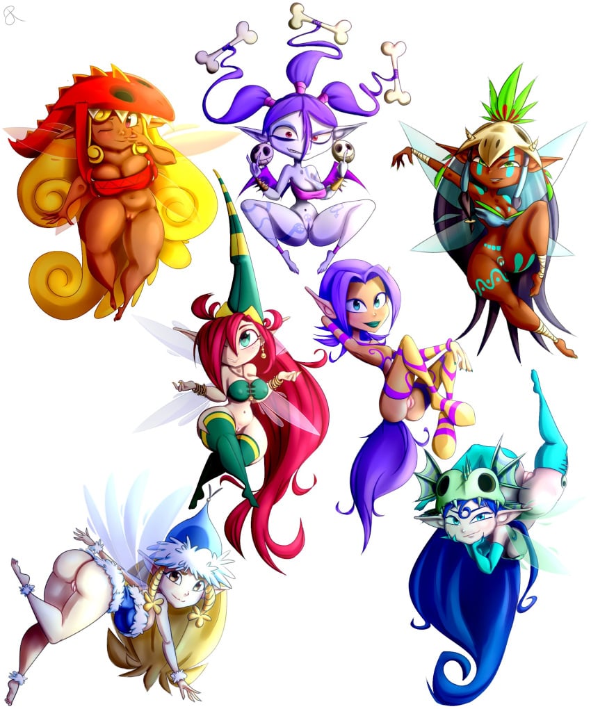 7girls annetta_fish_(rayman) betilla_(rayman) big_head blonde_hair bobblehead bodysuit bottomless cameltoe dark-skinned_female edith_up_(rayman) elf eyes fairy fairy_wings flying green_hat green_legwear hair hat helena_handbasket_(rayman) hi_res holly_luya_(rayman) humanoid jpeg kneeling large_breasts long_gloves long_hair ly_(rayman) multiple_girls nymph_(rayman) purple_hair rasenxoru rayman_(series) red_hair signature skull_hair_ornament tattoo thighhighs very_long_hair voodoo_mama_(rayman) white_background wings