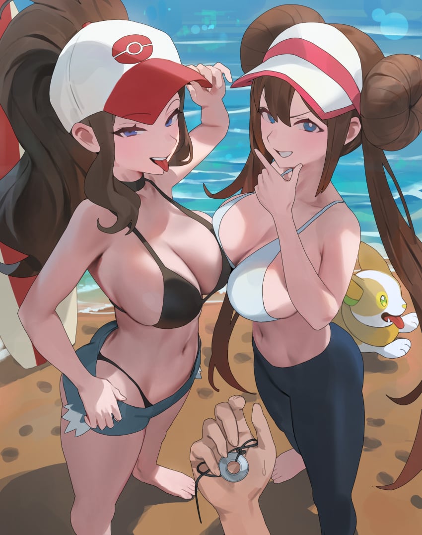 2girls armpits beach bikini black_bikini booty_shorts breasts brown_hair clothing female game_freak grin hat hilda_(pokemon) hood_x_art human large_breasts light-skinned_female light_skin long_hair long_ponytail looking_at_viewer male_pov naughty_face nintendo outdoors pale_skin pokemon pokemon_bw pokemon_bw2 ponytail pov rosa_(pokemon) short_shorts shorts smile suggestive_look tomboy twin_buns twintails white_bikini yamper