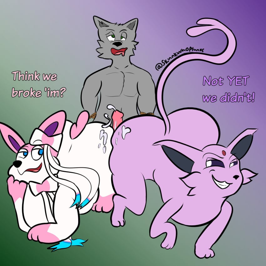 anthro ass big_ass buttjob cum cum_on_ass doggy_style eeveelution espeon furry gay male male/male/male male_only mammal nintendo nudge_(plunk) oc overweight pleasure_face pokémon_(species) pokemon sirius_(plunk) skunkwhoplunks smirk sylveon text wolf