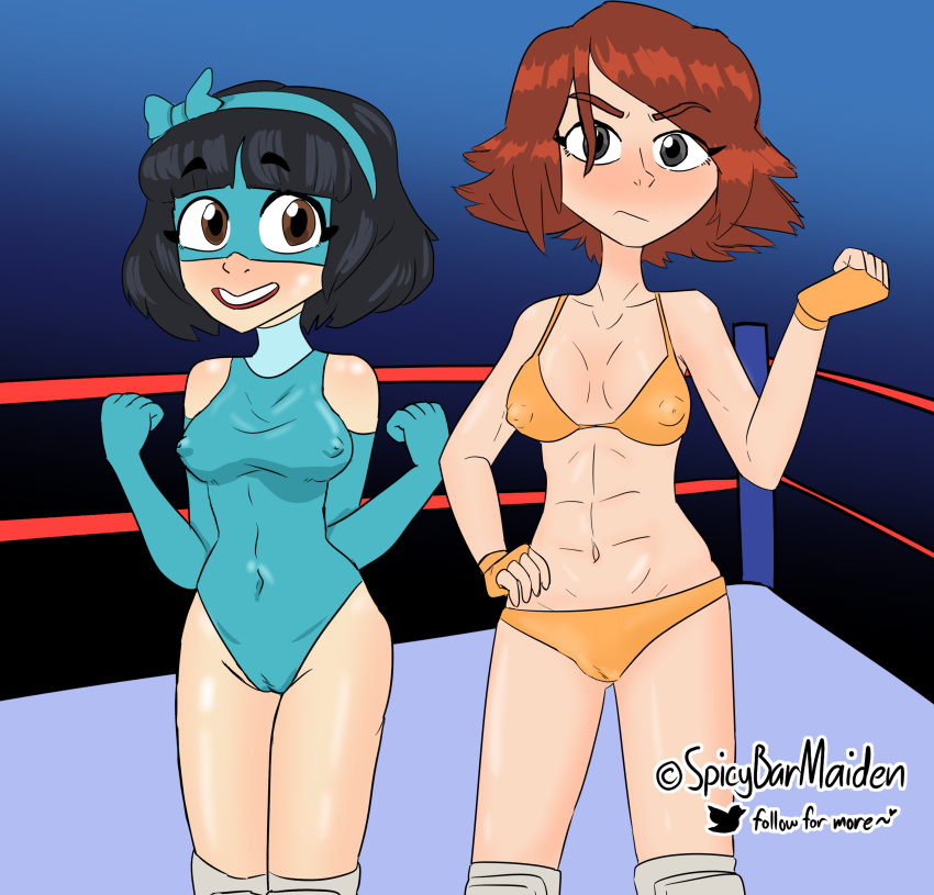 black_hair glasses_yanagi_(spicybarmaiden) junia_merric_(spicybarmaiden) red_hair short_hair spicybarmaiden wrestling wrestling_outfit