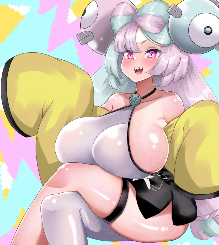 1girls alternate_breast_size big_breasts breasts eye_contact female female_only fully_clothed gym_leader iono_(pokemon) kua_ye legwear_only leotard looking_at_viewer nintendo pokemon pokemon_sv sharp_teeth shiny_skin solo two_tone_hair