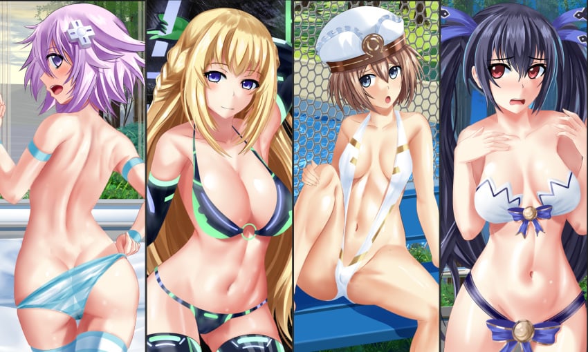 4girls barely_clothed black_hair blanc blonde_hair blue_eyes bra breasts brown_hair d-pad_hair_ornament female_only fuzzlogik hat lavender_hair legwear light-skinned_female light_skin multiple_girls neptune_(neptunia) neptunia_(series) noire purple_eyes red_eyes striped_panties striped_stockings swimsuit twintails vert