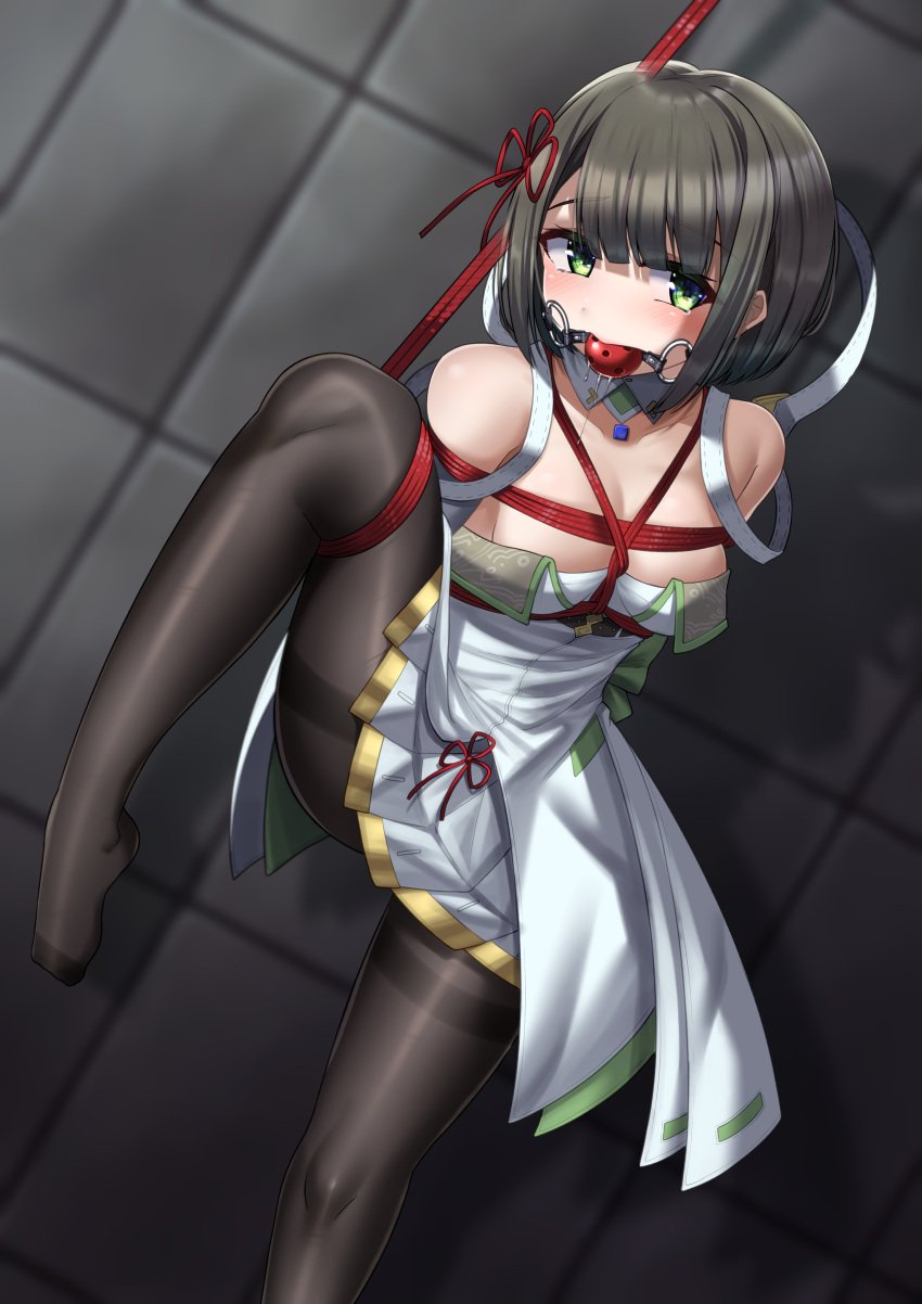 absurd_res ball_gag bare_shoulders black_legwear bondage breasts brown_hair cleavage core_crystal dress gag green_dress green_eyes hair_ribbon highres medium_breasts medium_hair miyabi_(xenoblade) nintendo noir_au_laut red_rope rope rope_bondage skirt white_skin xenoblade_(series) xenoblade_chronicles_3