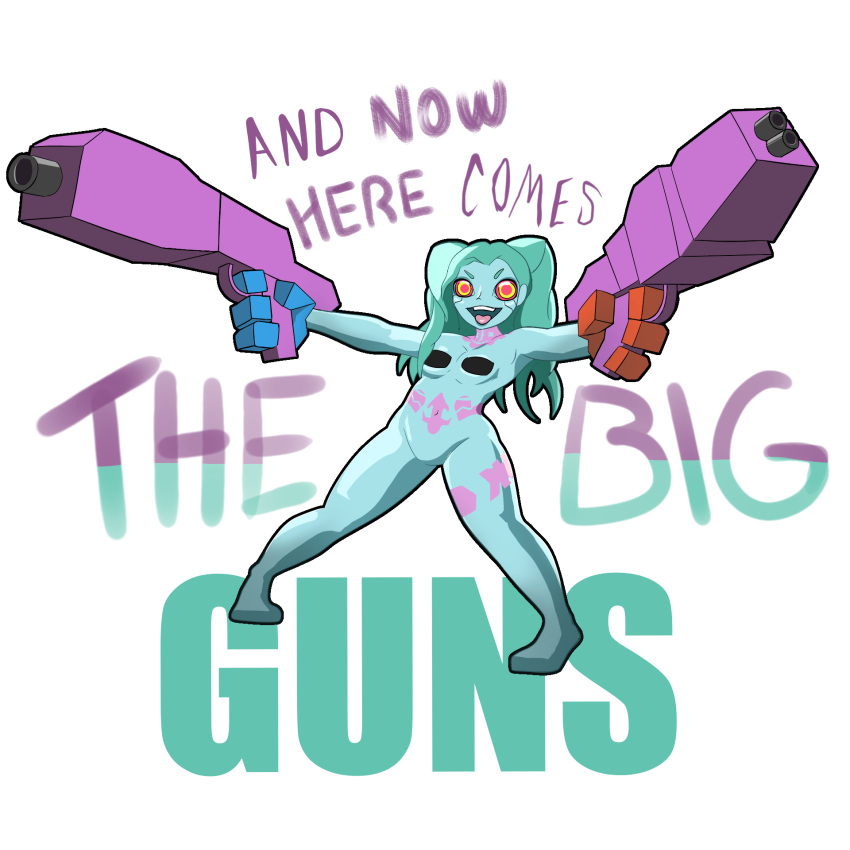 1girls 3rn_14 big_thighs casual chubby chubby_female comedy completely_nude creepy_smile cyberpunk:_edgerunners cyberpunk_2077 design female firearm full_body funny green_hair gun guns handgun human naked naked_female nude nude_female pale_skin pistols pose rebecca_(edgerunners) red_eyes shotgun simple_background small_breasts smaller_female smile solo solo_female tape twintails weapon yellow_eyes